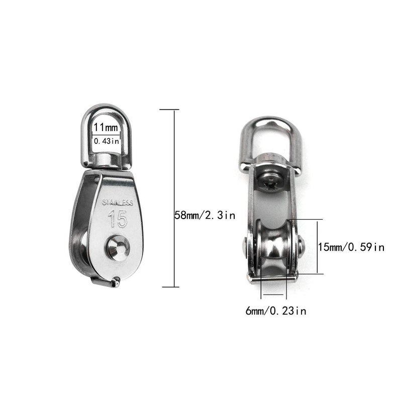 Hamineler 2PCS 304 Stainless Steel Single Pulley Block M15, Wire Rope Crane Pulley Block Hanging Wire Towing Wheel with 2PCS Spring Snap Hook - Image 2